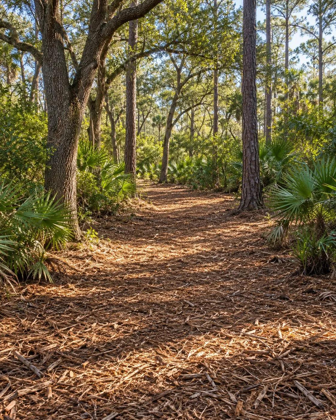 Illustrative mulched woodland path with mature trees retained